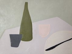 an abstract painting with green and grey shapes on it's surface, including a vase