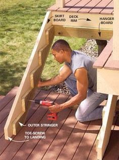 a man working on a wooden deck with the steps up to it and instructions below