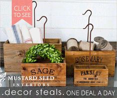 three wooden boxes filled with different types of items and the words, decor steals one deal a day