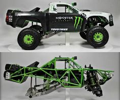 the monster truck is green and white in color