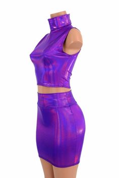 Starfire Costume, Chica Punk, Purple Two Piece, Purple Holographic, Turtle Neck Crop Top, Purple Crop Top, Skirt And Top Set, Purple Skirt, Bodycon Skirt