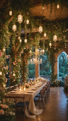 an outdoor dining area with candles and greenery on the walls, chandeliers hanging from the ceiling