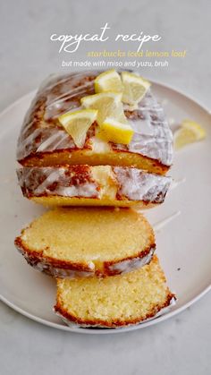 a white plate topped with slices of lemon pound cake