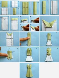 instructions for how to make an origami dress with paper and ribbon on it