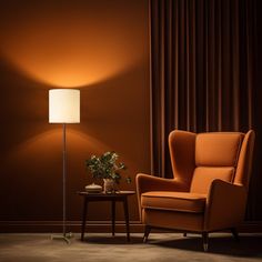 an orange chair with a white lamp next to it and a table on the floor