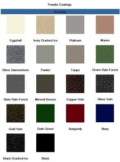 the color chart for leather coatings, including different colors and materials to choose from