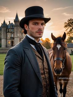 a man standing next to a horse in front of a castle