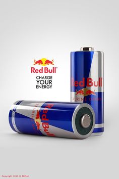 two red bull batteries next to each other on a white background with the words charge your energy