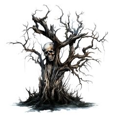 a drawing of a tree with a skull on it