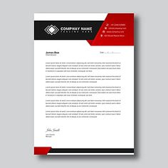 a letterhead for a company with red and black lines on it, in front of a