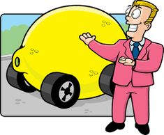 a man in a pink suit standing next to a yellow car