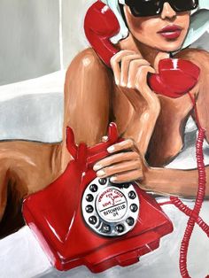 a painting of a woman in sunglasses talking on a red phone with her hand resting on the telephone