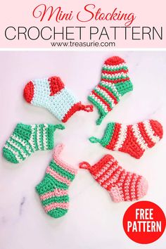 four crocheted mitts are shown with the text, mini stocking crochet pattern