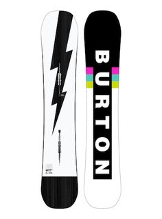 the burton snowboard is black, white and pink with a lightning bolt on it