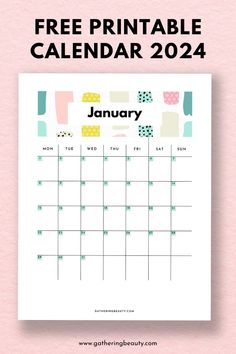 the free printable calendar for january is shown on a pink background with polka dots