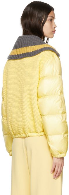 Down-filled quilted nylon taffeta jacket. · Detachable rib knit stand collar · Two-way zip closure · Welt pockets · Signature tricolor felted logo patch at sleeve · Elasticized cuffs and hem · Fully lined Supplier color: Light yellow Filling: 90% down, 10% feather. Taffeta Jacket, Moncler Jacket, Floral Shoes, Scarf Men, Mens Scarves, Field Jacket, Rugby Shirt, Double Breasted Suit, Quilted Jacket