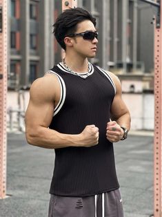 Knit O Neck Men's Sports & Fitness Tank Top - Men's Fitness Apparel, Men's Workout Tank Tops | Vivinch Ribbed Crew Neck Sports Tank Top, Ribbed Sleeveless Gym Activewear, Ribbed Sleeveless Sportswear Activewear, Casual Crew Neck Sports Vest, Casual Black Workout Vest, Sporty Crew Neck Vest For Sports, Casual Ribbed Activewear For Gym, Casual Breathable Tank Top For Streetwear, Breathable Casual Tank Top For Streetwear