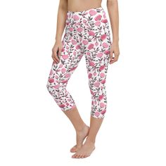 Pink floral yoga capri leggings. These yoga capri leggings with a high, elastic waistband are the perfect choice for yoga, the gym, or simply a comfortable evening at home. * 82% polyester, 18% spandex * Very soft four-way stretch fabric * Comfortable high waistband * Mid-calf length * Flat seam and coverstitch Casual Spring Leggings For Pilates, Spring Athleisure Yoga Capris, Spring Sports Capris, White Yoga Pants For Pilates In Spring, Summer Yoga Capris, Capri Length Yoga Pants For Pilates, Capri Length Yoga Pants, Fitted Floral Print Activewear For Spring, Spring Stretch Capri Yoga Pants