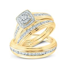 two gold wedding rings with diamonds on each one and an engagement ring in the middle