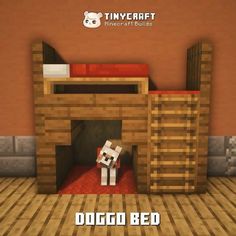 a dog is standing in front of a bed made out of wooden pallet blocks