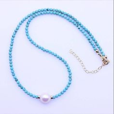 Blue Kingman 3mm Turquoise & 10mm Freshwater Pearl Gold Beaded Gemstone Necklace | eBay Modern Necklace, Arizona Usa, Modern Necklaces, Kingman Turquoise, Turquoise Beads, Sterling Silver Bead, Gold Beads, Gemstone Necklace, Pearl Beads