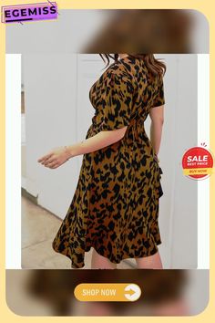 Casual Leopard Print Short Sleeve Deep V-neck A-line Dress Brown V-neck Midi Dress, Chic Non-stretch A-line Dress, V-neck Shift Midi Dress, Non-stretch V-neck Dress For Day Out, Chic Fall V-neck Wrap Dress, Brown V-neck Mini Dress For Work, Brown Fitted V-neck Wrap Dress, Flattering V-neck Midi Dress For Fall, Knee-length Wrap Dress For Day Out