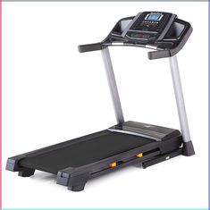 a treadmill with an electronic display on the front and back wheels, sitting against a white background