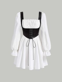 Preto e Branco Casual Collar Manga Comprida Tecido Bloco de cores Em A Embellished Não elástico Outfit 90s, Korean Fashion Dress, Kawaii Dress, Ruffle Long Sleeve, Dress For Short Women, Really Cute Outfits, Pretty Dresses, Plus Clothing, Aesthetic Clothes