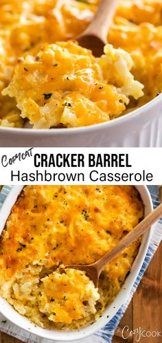 two images side by side with the words cracker barrel hashbrown casserole