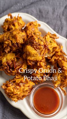 Onion potato Bhajis served on a white plate with some ketchup on the side Indian Bhaji Recipe, My Recipes Saved, Onion Bajji Recipe, Veg Snacks Recipes, Potato Indian, Indian Potatoes, Vegetarian Starters