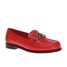 Red 'Rolo' loafers from Salvatore Ferragamo. Crafted from calf leather, this pair sits on a black leather sole and showcases the signature Gancini hardware on the front. Reversible Silver/Gold Gancini hardware. Made in Italy. Brand new with dustbag and replacement box. 100% Authenticity Guaranteed. Formal Red Leather Shoes With Removable Insole, Red Calf Leather Loafers For Formal Occasions, Luxury Loafers With Red Sole For Work, Red Business Loafers With Rubber Sole, Red Loafers With Rubber Sole For Business, Business Red Loafers With Leather Sole, Red Calf Leather Loafers For Business, Classic Loafers With Red Sole For Work, Red Flat Heel Loafers For Formal Occasions