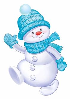 a cartoon snowman wearing a blue knitted hat and mittens with one hand in the air