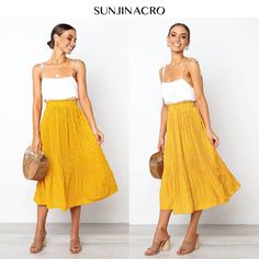 FREE SHIPPING Women Pleated Print Midi Skirts JKP1695 Yellow Full Skirt Dresses For Summer, Summer Yellow Pleated Skirt, Summer Midi-length Pleated Skirt, Yellow Pleated Summer Skirt, Yellow Knee-length Summer Skirt, Casual Midi-length Pleated Skirt With Lining, Yellow A-line Summer Skirt, Yellow Flowy Pleated Midi Skirt, Polka Dot Knee-length Skirt For Summer