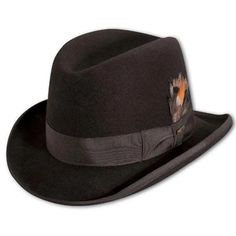 Classico Collection Homburg Style Center Dent Crown Leather Sweatband 2" Brim Wool Felt No doubt about it, the Godfather fedora, in a classic Homburg style, will ramp up your dress outfit to a whole new level. The Godfather has a traditional pencil roll brim with bound edge and grosgrain ribbon hat band. This style is satin lined and is fitted with a leather sweatband. The Springfield also includes a double bow at the profile and a feather detail. Luxury Rigid Fedora Felt Hat, Black Wool Fedora With Flat Crown, Luxury Black Flat Brim Fedora, Luxury Gentleman’s Fedora With Flat Brim, Western-style Brimmed Fur Felt Fedora, Pencil Roll, Homburg, Felt Fedora, Fedora Hat