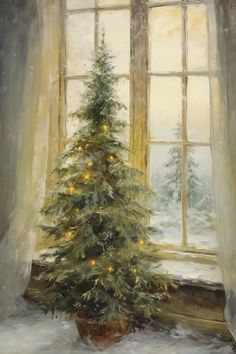 a painting of a christmas tree in front of a window