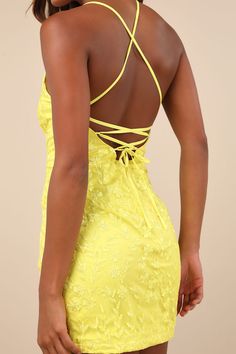 Your flirtiest heels have been begging to be paired with the Lulus Lively Sweetheart Yellow Mesh Embroidered Lace-Up Mini Dress! Sweet floral embroidery adorns sheer mesh knit as it shapes a flattering scoop neckline supported by slender straps that lace up across the open back. The princess-seamed bodice continues into a figure-skimming bodycon silhouette that finishes with a cute mini hem. Hidden back zipper/clasp. Fit: This garment fits true to size. Length: Mid-thigh. Size medium measures 26 Spring Dresses With Spaghetti Straps And Lace Closure, Spring Wedding Dress With Lace Closure, Spring Lace Mini Dress For Prom, Summer Lace Mini Dress For Prom, Spring Prom Mini Dress In Lace, Evening Dress With Lace Closure For Summer, Evening Summer Dress With Lace Closure, Sleeveless Spring Dress With Lace Closure, Spring Dress With Lace Back And Sweetheart Neckline