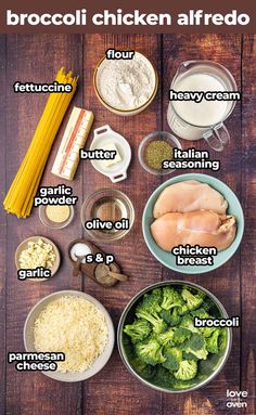 ingredients for broccoli chicken alfredo laid out on a wooden table with the words broccoli chicken alfredo