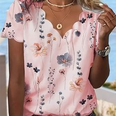 variants16 Pink Cotton T-shirt With Floral Print, Vacation Floral Print V-neck T-shirt, Pink Floral Print Short Sleeve T-shirt, Pink Floral Print Tops With 3/4 Sleeves, Multicolor Floral Print Short Sleeve T-shirt, Floral Print Blouses, V Neck Blouse, Printed Blouse, Casual Shorts