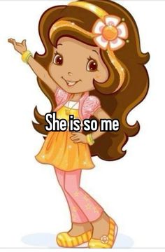 a girl with long brown hair and flowers on her head is saying she is so me