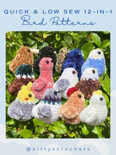 a bunch of small knitted birds sitting on top of a green leafy tree