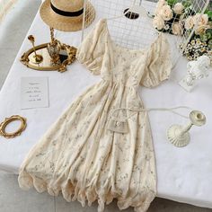 Cute lace dress women's dress P107 Fabric: blended Color: champagne,green Size(cm): S,M,L S full length 109 sleeve length 26 bust 80 waist 60M full length 110 sleeve length 26 bust 84 waist 64L full length 111 sleeve length 26 bust 88 waist 68 Fairy Dress Women, Women French Style, Floral Print Chiffon Dress, Floral Tea Dress, Cottage Core Dress, Summer Fairy, French Women Style, Vintage Midi Dresses, Floral Print Chiffon