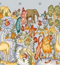 an illustration of animals and plants in the forest with blue sky behind them, on a light gray background