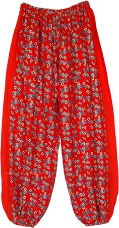 A soft rayon bright harem pants in an exotic summer floral print.  These pants has fun elastic cuffed ankle and an elastic waist with drawstring. #tlb #SplitSkirtsPants #beachwrap #Floral #Printed #fashiondeal #HaremPants #CasualPants #BeachPants #RedTrousers Summer Floral Print Harem Pants For Vacation, Summer Vacation Harem Pants With Floral Print, Summer Vacation Floral Print Harem Pants, Floral Print Summer Pants For Daywear, Summer Floral Print Pants For Daywear, Casual Red Bottoms For Daywear, Red Harem Bottoms For Summer, Bohemian Bottoms With Elastic Waistband For Daywear, Red Cotton Harem Pants For Summer