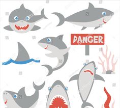 various types of sharks with danger sign