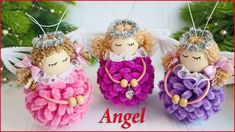 three little angel dolls sitting next to each other on top of a white surface with the words angel above them