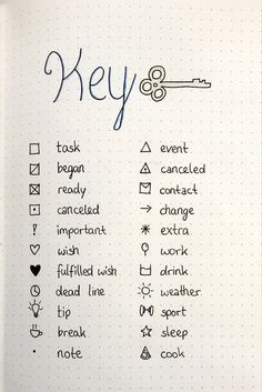 an open notebook with writing on it that says key and other words in cursive writing