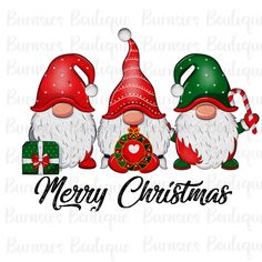 three gnomes with christmas hats and presents in front of the words merry christmas on a white