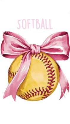 a softball with a pink bow on it and the words softball written in white lettering