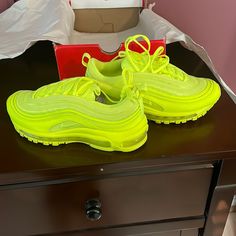 New With Box Womens Nike Air Max 97 Volt. Neon Nike Shoes, Neon Nike, Womens Nike Air Max, Nike Air Max 2015, Nike Air Max 200, Lacing Shoes For Running, Nike Internationalist, Running Sneakers Women, Shoes Nike Air