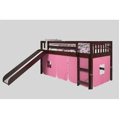 a bunk bed with pink sheets and a slide